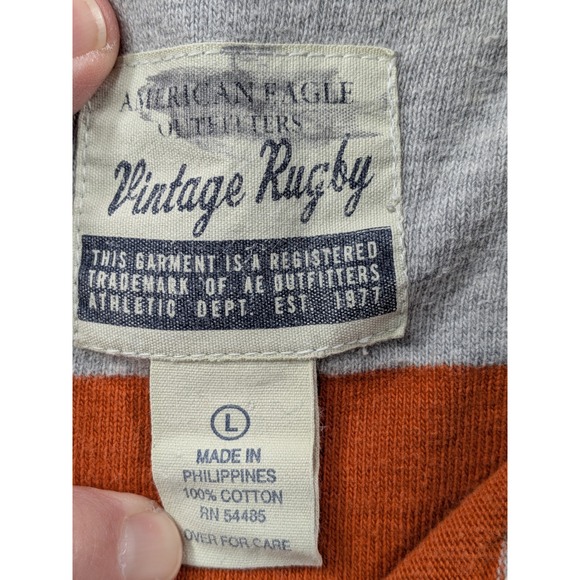 American Eagle Vintage Rugby Shirt Mens Large Orange Gray Striped Long Sleeve L - Picture 3 of 9
